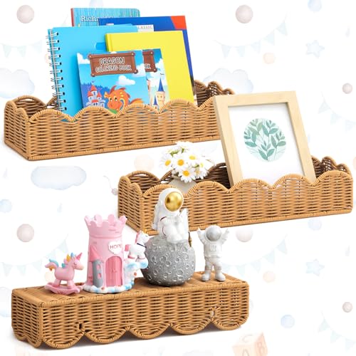 Image of Pinkunn 3 Set Nursery Book Shelves Scalloped Rattan Wall Shelf 15.8 x 3.2 Inch Wall Mounted Plastic Floating Book Shelve, Hanging Boho Wicker Woven Shelf for Nursery Decor and Storage (Natural Wood)