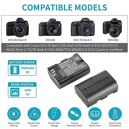 Neewer Lp-E6 Lp-E6N Battery Charger Rechargeable Batteries Set Compatible With Canon 5D Mark Ii Iii Iv 80D 70D 60D 6D Eos 5Ds 5D2 5D3 5Dsr 5D4 And More (2-Pack 2000Mah, Dual Usb And Type-C Input) #TOP3