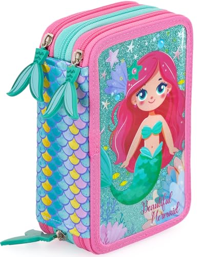 Julian Ross Madchen 3-Fach Federmäppchen – 45-teilig, komplett gefüllt – mit 2 löschbaren Gelstiften, Schere, Kleber, Buntstiften – ideal für Schule & als Geschenk, die Meerjungfrau