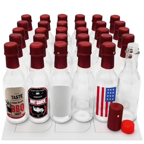 5oz Hot Sauce Bottles, Empty Clear Glass Woozy Bottles with Shrink Capsules, Small Wine Bottle with Shirnk Bands, Canning Bottle Cap Orifice Reducer Self-Printable Labels Free Design Template (30 RED)