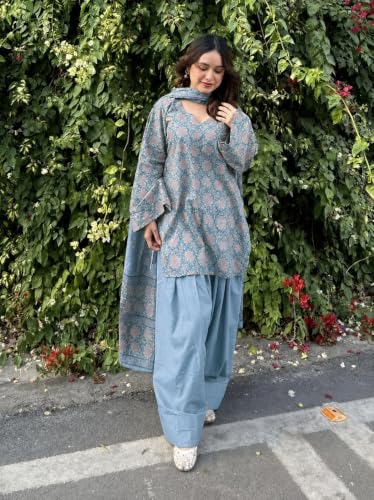Image of ANNI Designer Farshi Salwar Suit for Women Cotton Printed | Kurta Dupatta Set for Woman | Straight Palazzo Outfit Round Neck V-Slit Long Sleeve Ethnic Dress Stylish Womens Clothing