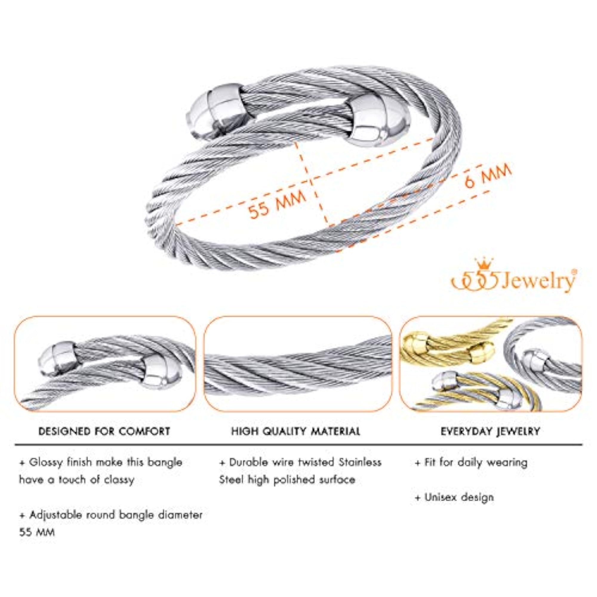 2 Tone Adjustable Twisted Cable Wire Bangle Bracelet, Unisex