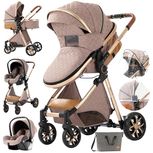 MoLi Carro Bebe 3 Piezas, Carrito Bebe 3 en 1 con Modo de Doble Empuje Reversible, Cochecito Bebe 3 Piezas Plegado Conveniente con Un Solo Clic, Coche Bebe 3 en 1 Paisaje Alto (225 Khaki)
