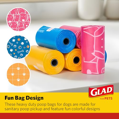 Image of Glad for Pets Scented Dog Waste Bags, Tear-Resistant Pet Poop Pick-up Bags with Leak Protection, Lemon Fresh Scent, Fun Multicolor Bag Designs, 6 Rolls, 90 Bags Total
