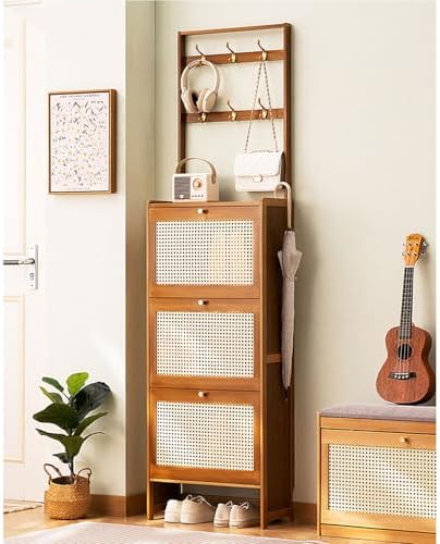 Shoe Storage Cabinet Cabinets Hallway Slim Cupboard Cupboards Hallways Slimline，Slim Bamboo Shoe Storage Cabinet with 3 Flip Drawers, Tall & Narrow Rattan Sideboard for Hallway, Perfect for