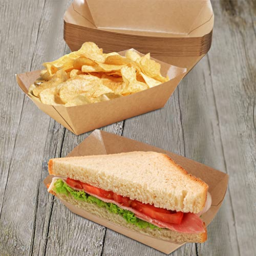 DEAYOU 250 Pack Paper Food Boats, 2 LB Kraft Food Trays Disposable, Grease Resistant Snack Holder Container for French Fries, Nachos, Hot Dog, Tacos, Popcorn, BBQ, Party, Picnic, Concession Stands