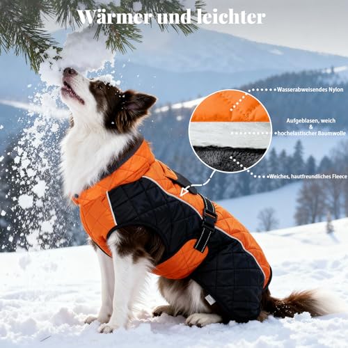 BECROWM Hundemantel mit reflektierendem Design, Winddicht und wasserdicht, verdickter Kragen für Windschutz, verstellbare Schnalle, warme Winterjacke (Orange/Schwarz, M (58,6-68,6 cm))