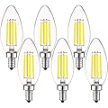 LUXRITE Vintage Candelabra LED Bulb 60W Equivalent, 550 Lumens, 5000K Bright White, LED Chandelier Light Bulbs 5W, Dimmable, Torpedo Tip Clear Glass, Filament Candle Bulbs, E12 Base (6 Pack)