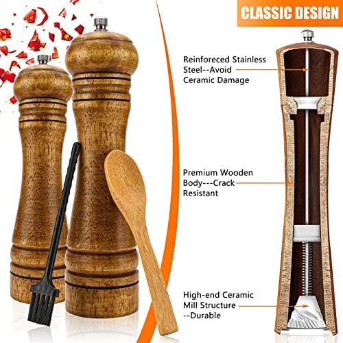 2 Pack Wooden Salt and Pepper Grinder Set with Acacia Wood Tray, Acemall 8 Inch Adjustable Pepper Mill Kit, Salt and Pepper Shakers with Ceramic Core Plate Spice Scoop Cleaning Brush for Home Kitchen