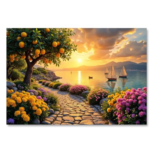Golden Hour Citrus Coast Canvas Wall Art Floral Cobblestone Path Oil Painting Inland Waterway Landscape Print Home Decor for Living Room Bedroom Kitchen