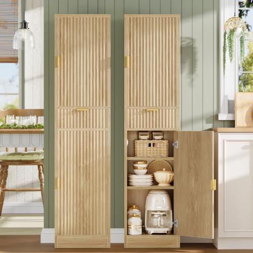 Image of TEENFON 66.9″ Storage Cabinet with 1 Drawer and 2 Doors, Tall Bathroom Storage Cabinet with Adjustable Shelves, Rattan Fluted Cabinet for Bathroom, Living Room, Kitchen, Natural Oak