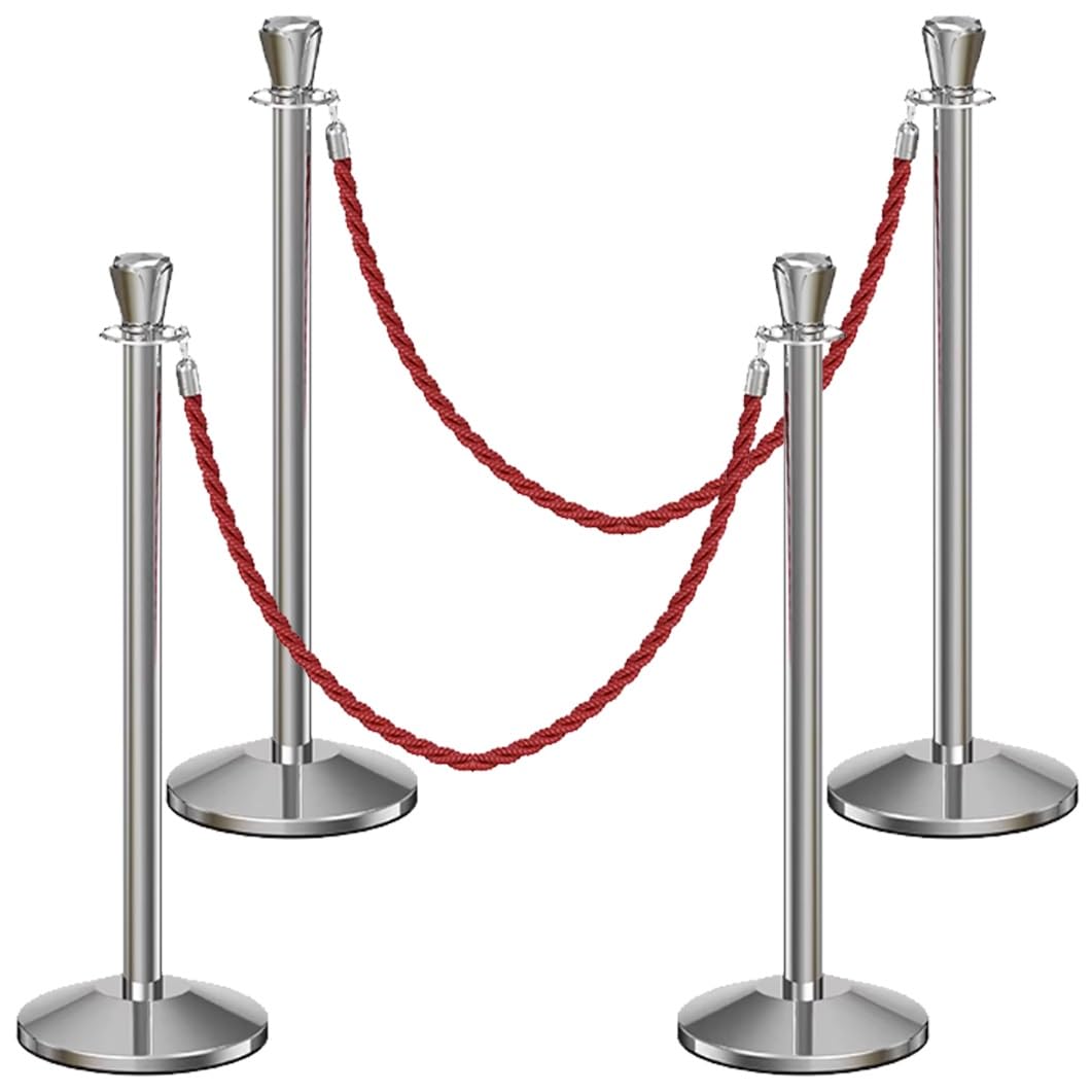 Aioneer Stainless Steel Stanchion Post Set 39.3" Crowd Control Barriers With 4.9Ft Ropes Durable Queue Poles For Events Commercial Grade Stanchions-Silver-4 Pack