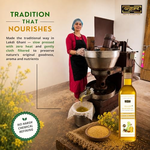 Image of Orgure Wood Pressed Yellow Mustard Oil - Single Origin | Rich Aroma & Bold Flavour | Natural & Cold Extracted | MSME Award Winner | Ideal for Cooking, Pickling & Ayurvedic Use | 1L