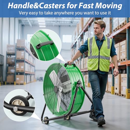 Image of LifePlus 24 Inch Industrial Drum Fan, 320W High Velocity Floor Fan, 3 Speed Heavy Duty Metal Air Circulator, 360 Tilt with Casters Handle ETL Standard for Patios, Warehouse, Commercial, 8900CFM