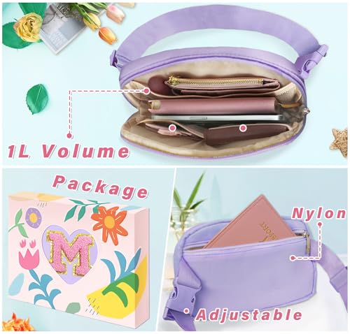 Image of COSHAYSOO Easter Birthday Initial Gifts for Teen Girls 5 6 7 8 9 10 11 12 13 14 Year Old Purple Fanny Pack for Girls Belt Bag Crossbody Travel Purse Unique Trendy Preppy Stuff Chenille Letter M