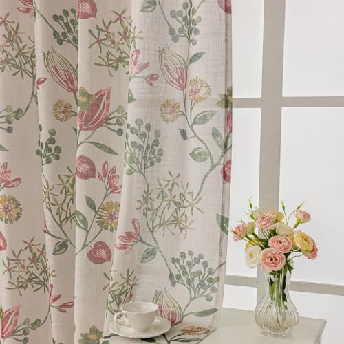 Image of SUOUO Red Jacobean Floral Semi Sheer Curtains 84 Inches 2 Panels Rod Pocket | Linen Textured,Light Filtering,Patterned Green Vine Botanical,Vintage Farmhouse Cottage,Window Drapes for Living Room Bedroom