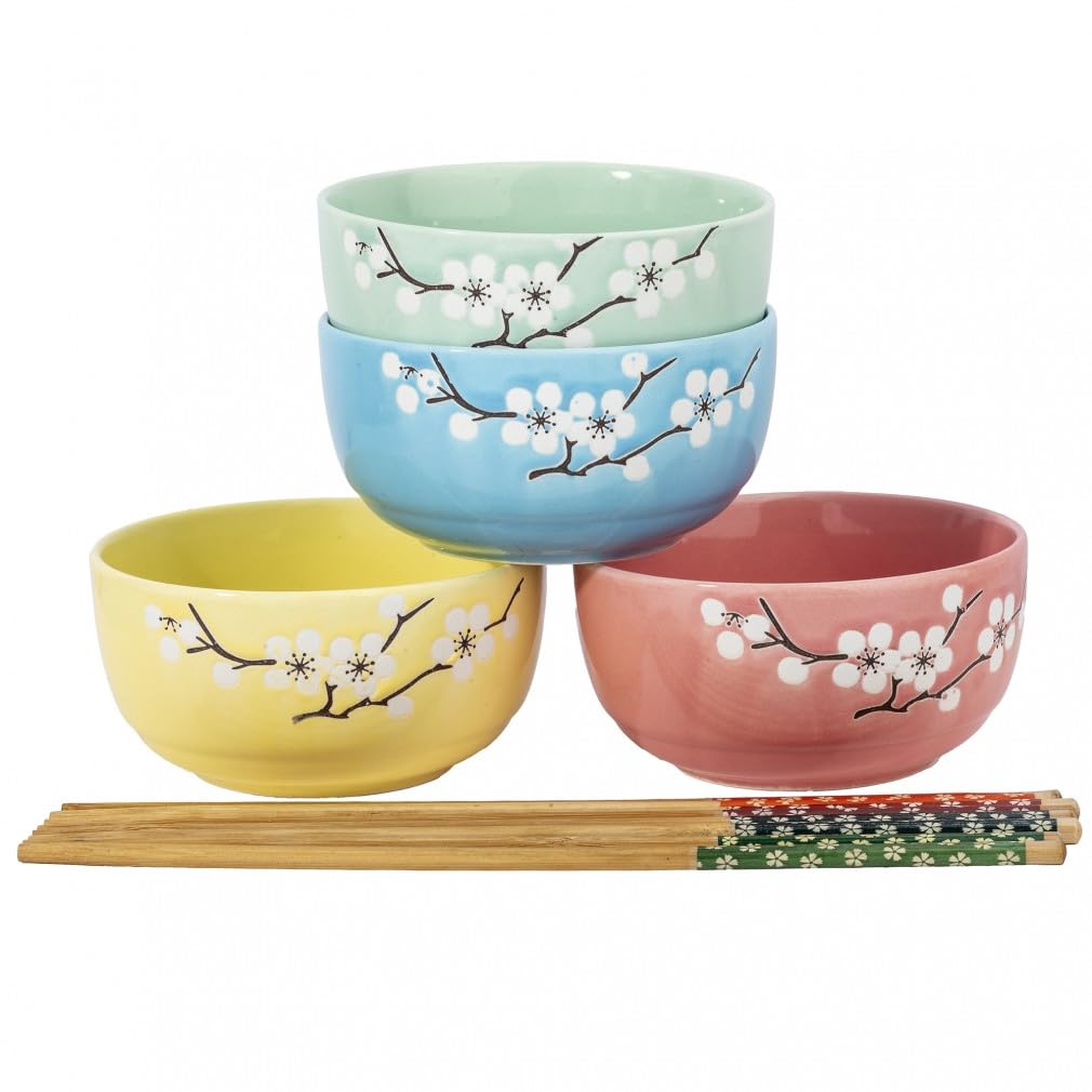 lachineuse - Set of 4 Japanese Zen Cherry Blossom Bowls Diameter 10.5cm - Rice Bowls, Poke Bowl, Breakfast and Soup Bowls - 4 Pairs Chopsticks - Asian Japanese Bowl - Japanese Gift