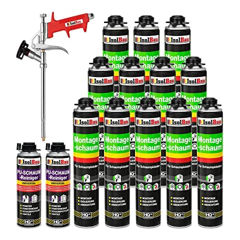Isolbau Bauschaum-Set - Inkl. 12x 1K Montageschaum Pistolenschaum (je 750 ml), 1x Schaum-Pistole & 2x PU-Schaum-Reiniger (je 500 ml) Cover