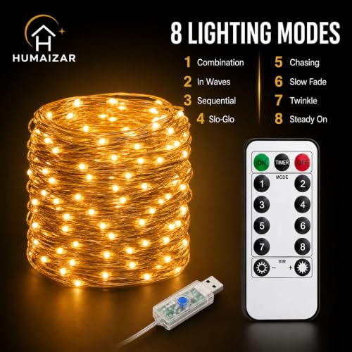 Image of HUMAIZAR 5m 50 LED USB Fairy Lights with Remote, 8 Modes, Warm Yellow