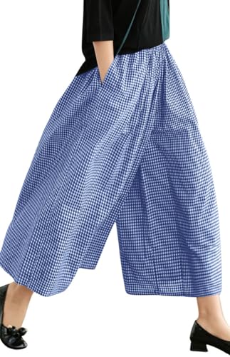 Image of chouyatou Women's Cotton Linen Pants Elastic Waist Plaid Gingham Wide Leg Capri Palazzo Pants