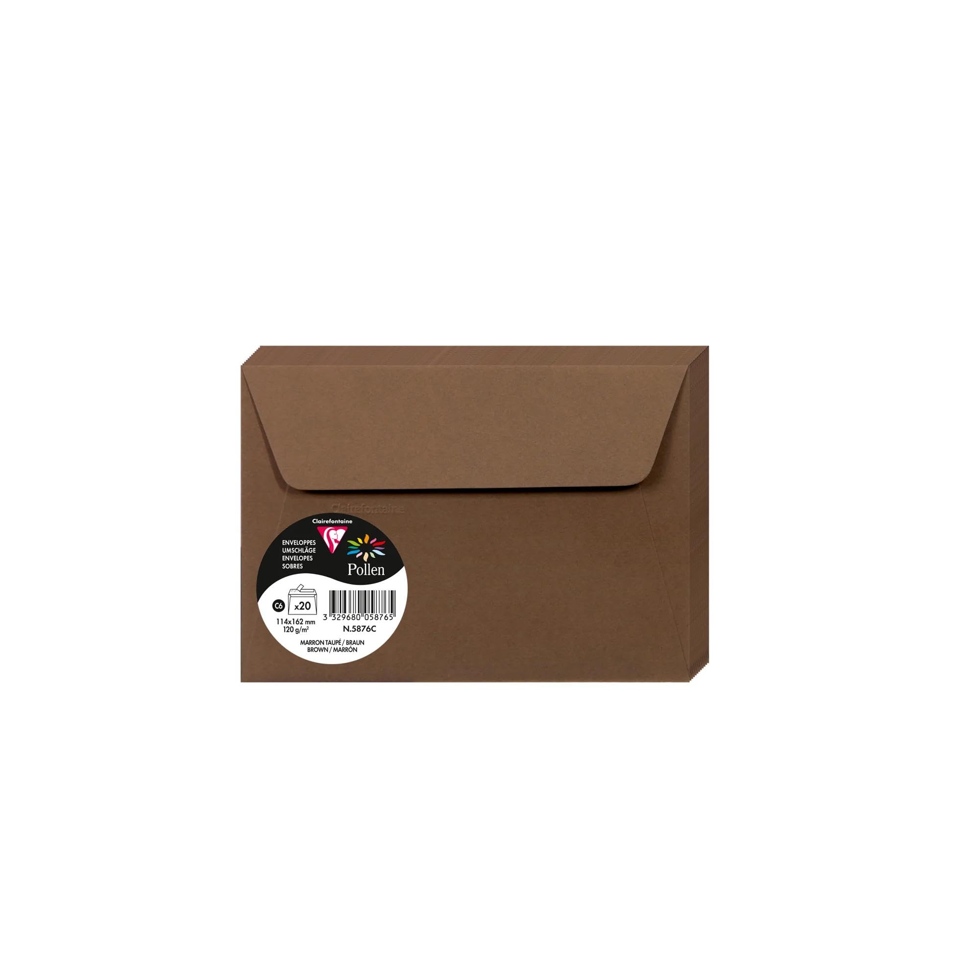 Clairefontaine 5876C Pack of 20 Self-Adhesive Envelopes Format C6 11,4x16,2cm 120g Colour Taupe Brown Invitation Event Correspondence Pollen Range Premium Paper