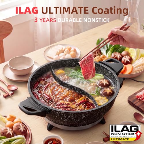 Image of TWIN Electric Hot Pot with Divider | EvenHeat Cast Aluminum Non-Stick Pot for No-Spot Cooking | 1500W Fast Heating | Dual-Flavor Shabu Shabu Pot for | 1-Yr Warranty | Granite Black