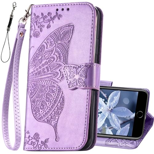 KRHGEIK Wallet Case for iPhone SE 2020/SE 2022/iPhone 8/iPhone 7,Women Butterfly Emboss PU Leather Credit Card Holder Slots Flip Folio Cover for iPhone 7/8/SE 2nd/SE3,4.7 Inch (Lavender)