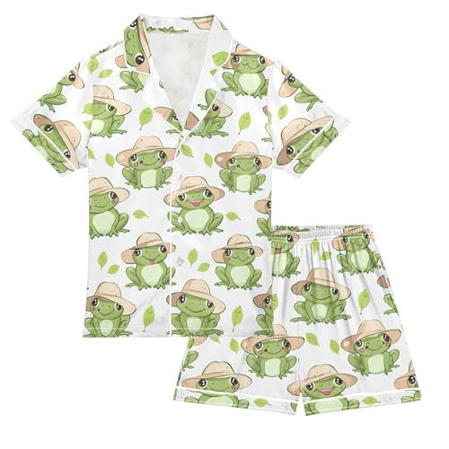 ALAZA Cute Frog on White Satin Pajamas Set Short Sleeve Button Down Sleepwear Summer Pjs 2 Piece