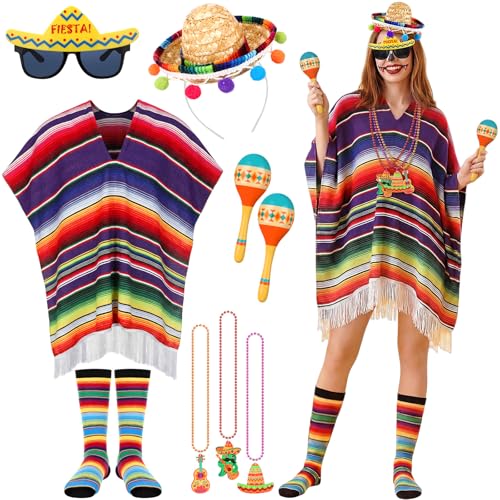 Twistover 9 Pcs Mexican Costume Set Serape Poncho Sombrero Headband Maracas Socks Sunglasses for Cinco De Mayo Fiesta Party Multicolor