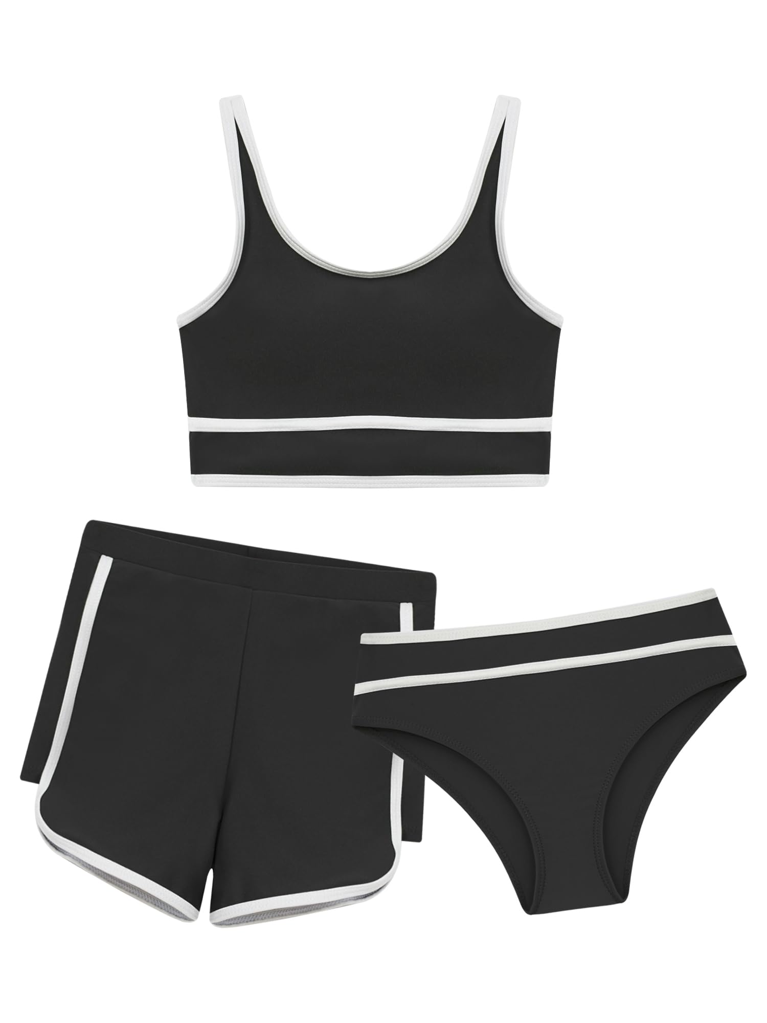 IEFIEL Conjunto de Bikini Verano para Niñas Traje de Baño de Tres Piezas con Crop Top de Tirante y Braga y Pantalones Cortos de Deportivos Ropa de Playa 5-16 Años