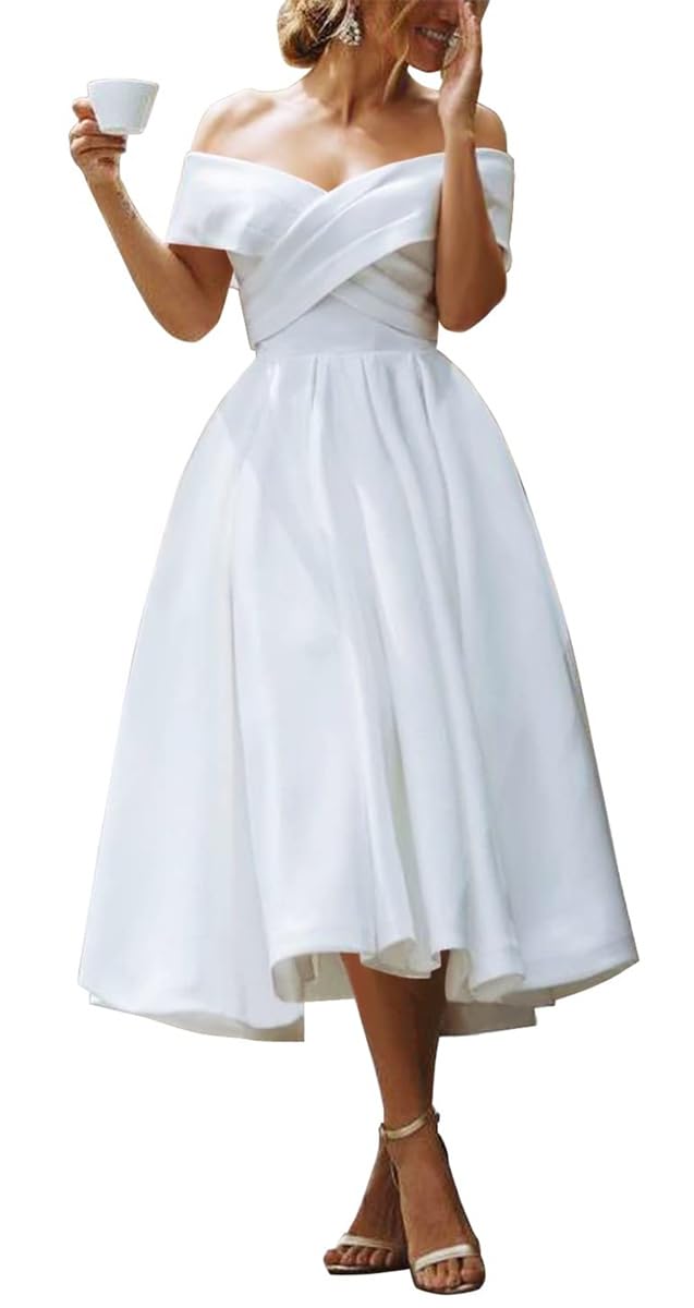 YIANN White Satin Wedding Dress Off Shoulder A Line Bridal Gown for Women Tea Length Elegant Formal Dresses UK18