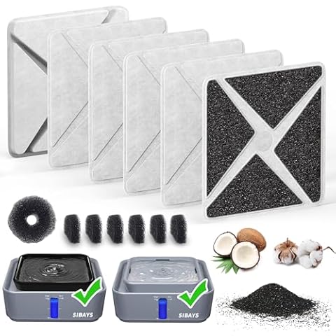 SIBAYS 6 Pack Dog Water Fountain Filters, 9" Square Cat Fountain Filters, Pet Water Fountain Filter Replacement Compatible with 3.8Gal/14L Dog Fountain, PP Cotton and More Activated Carbon, Food Grade Cover