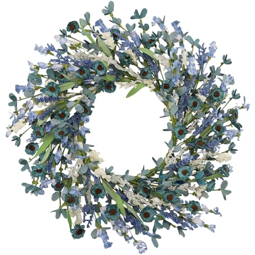 Hyndora 24 Inch Blue Floral Wreath for Front Door Artificial Eucalyptus Wreath with Blue Daisy and White Wildflowers Spring Summer Wreath for Farmhouse Home Wall Wedding Decor All Seasons
