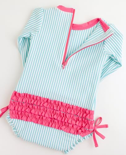 Image of RuffleButts Baby-Girls Seersucker Long Sleeve Rash Guard - One Piece Swimsuit UPF 50+ Toddler