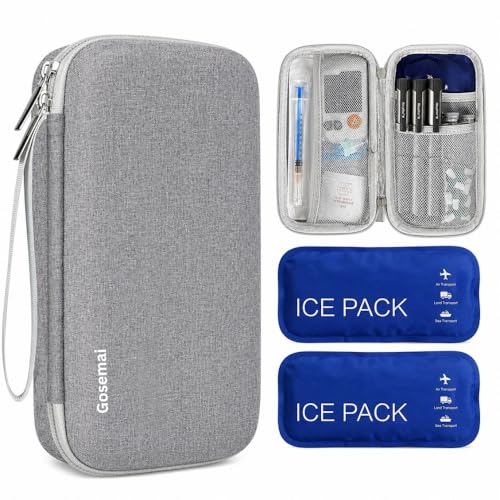Image of Gosemai Insulin Cooler Travel Case with 2 Ice Packs TSA Approved Hard Shell Diabetic Medication Bag for Insulin Pens Syringes and Tablets Compatible with Ozempic Mounjaro (Grey Small)