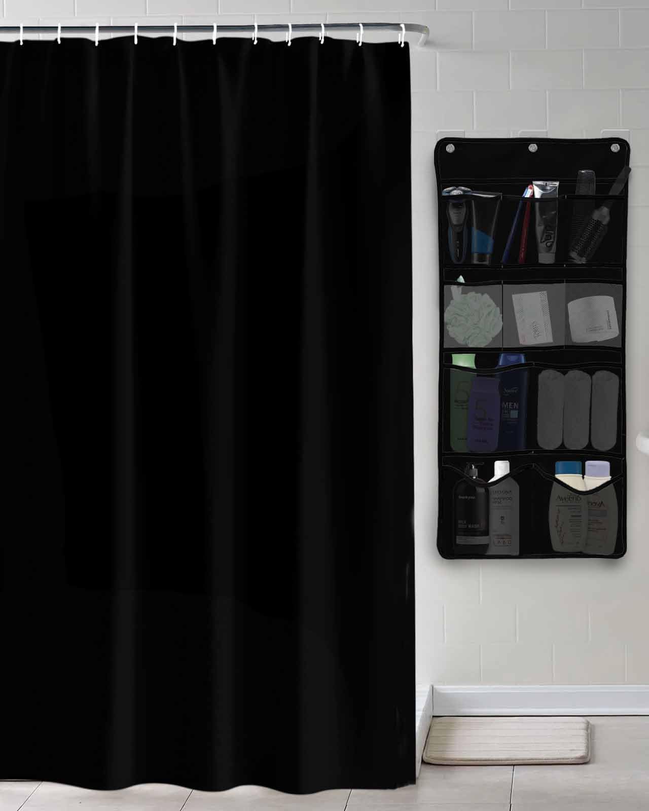 Shower Curtain Mesh Shower Organizer Hanging Set Pure Black Solid Color Waterproof Shower Curtains with 10 Pockets Quick