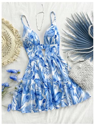 Image of Floerns Women's Sleeveless Butterfly Print Cut Out V Neck Tiered Mini Cami Dresses
