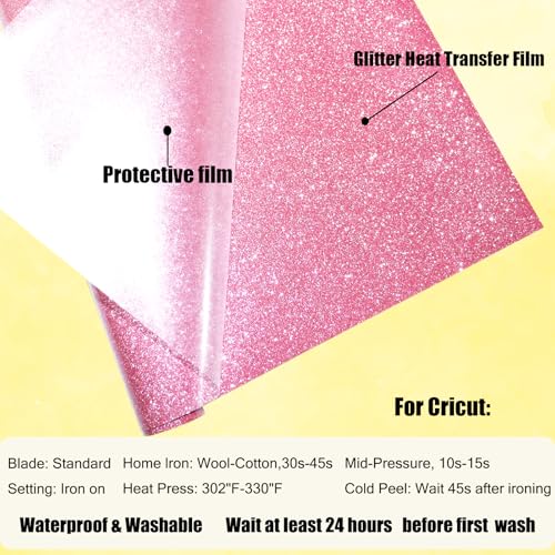 Image of Pink Glitter Heat Transfer Vinyl Pink Glitter Vinyl Glitter HTV Vinyl Rolls Pack 12 Inch x 5 Feet Iron on Vinyl for Cricut T-Shirts DIY Design, Silhouette Cameo & Heat Press Machine