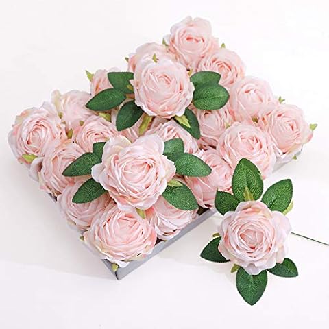 Olivachel Artificial Rose Heads with Stems & Leaves Silk Flowers Fake Roses for Home Decor Wedding Bouquet Party DIY Garland (Pale Pink - 20Pcs) Cover