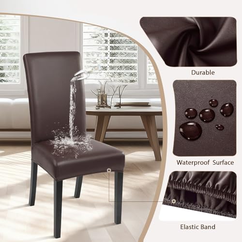 Image of SearchI Waterproof PU Leather Dining Chair Covers Stretch, Set of 4, Brown | Oilproof, Parsons Chair Slipcovers, Removable Washable, Kitchen Chair Protector for Dining Room, Hotel, Banquet, Ceremony