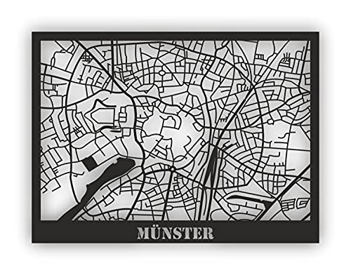 Mr. Ladele Stadtplan Münster selbstklebend Acryl schwarz weiß Stadtkarte Straßenkarte Straßennetz Wandbild Stadt Dorf Münsterland Geschenk Geschenkidee Home (Schwarz, 30cm x 20cm) Cover