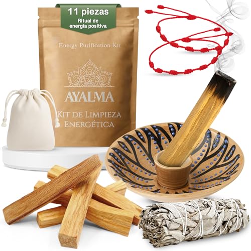 AYALMA® Kit Limpieza Energética con Palo Santo y Salvia Blanca para Quemar – Ritual de Energía Positiva con Música Medicina, Pulseras Rojas de 7 Nudos y Quemador Artesanal (Marrón)