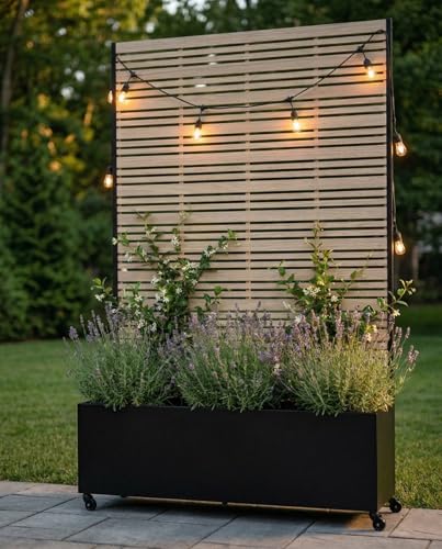 Hochbeet Metall mit Sichtschutz, Pflanzbeet Pflanzkübel Pflanzkasten Frühbeet Gartenbeet Blumenkasten Blumenbeet mit Rankgitter und Rollen wetterfest für Garten, Balkon und Terrasse