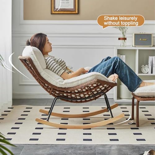 Patio Leisure Rocking Chairs，Patio Rattan Rocker Chair,Teddy Fabric Upholstered Glider Rocker with High Backrest, Modern Rocking Chairs Comfy Side Chair for Nursery, Bedroom, Living Room(WHI