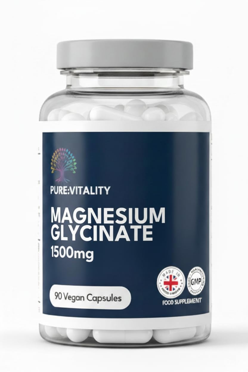 Pure Vitality : 1500mg Magnesium Glycinate | 300mg Elemental Magnesium | 90 x Vegan Capsules | UK GMP Certified Manufacturer