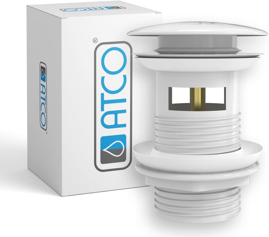 ATCO® PU19 with Overflow Pop-Up Valve Drain Fitting Eccentric Drain Click Valve Sink Siphon Tube Siphon White
