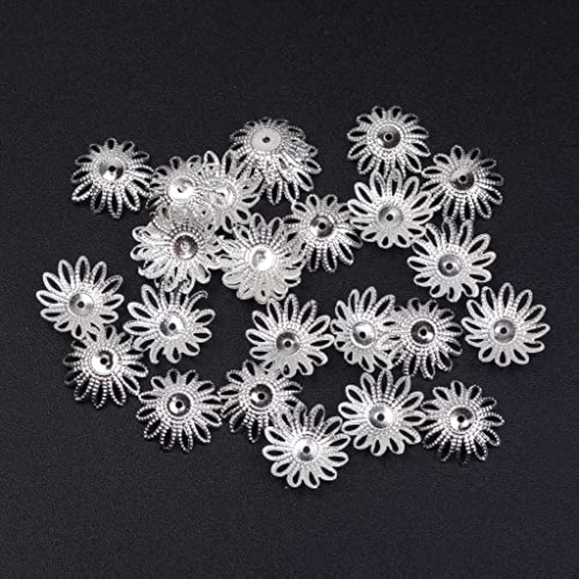 100pcs 16mm Hollow Flower Bead Caps for Jewellery Making, Silver