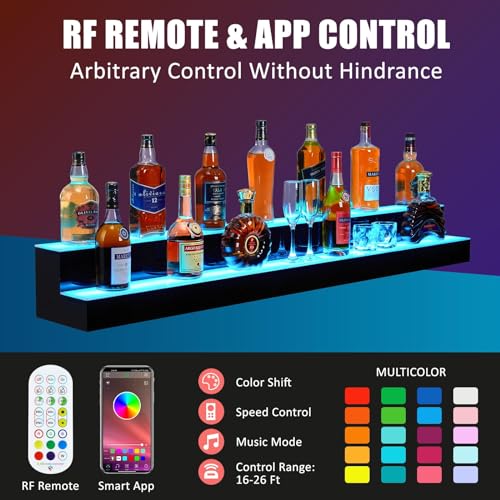 LED Lighted Liquor Bottle Display,2 Tiers 60in LED Liquor Shelf with Remote & App Control,16 Colors,4 Modes,Bottle Shelf Multi-Color Lighting Modes for Bars