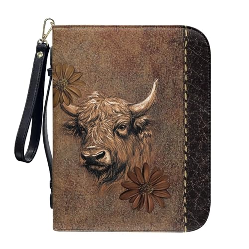 Cow Women Bible Cover for Men, Portable Leather Bible Holder with Handle Pockets Zipper Lightweight Christian Tote Bag for Worship Pilgrimage