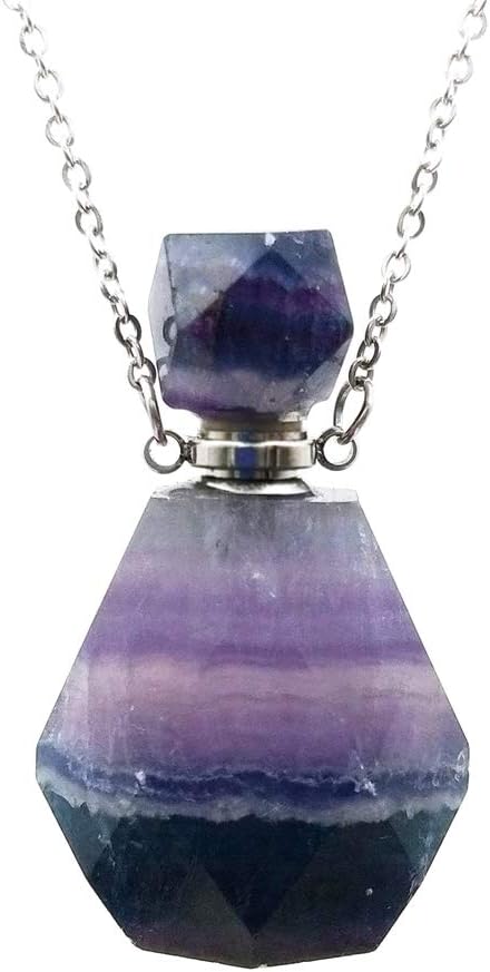 UbrandRainbow Fluorite Gemstone Perfume Bottle Pendant Essential Oil Bottle Diffuser Freeform Shape Crystal Jewelry Vials Necklace (Silver Freeform)